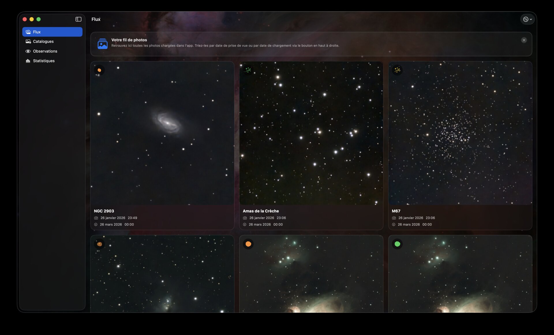 AstroCollect sur Mac — vue du fil d'observations avec photos d'objets célestes