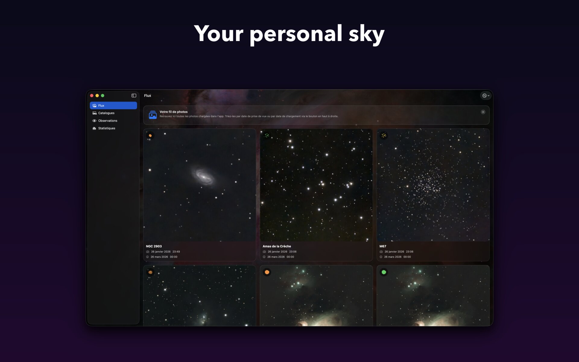 AstroCollect on Mac — Your personal sky (observation feed)