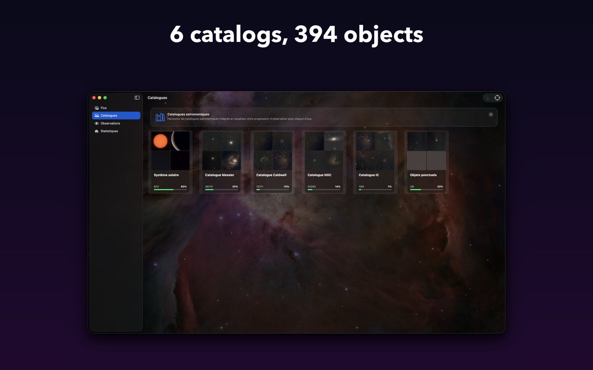 AstroCollect on Mac — Six catalogs, 394 objects