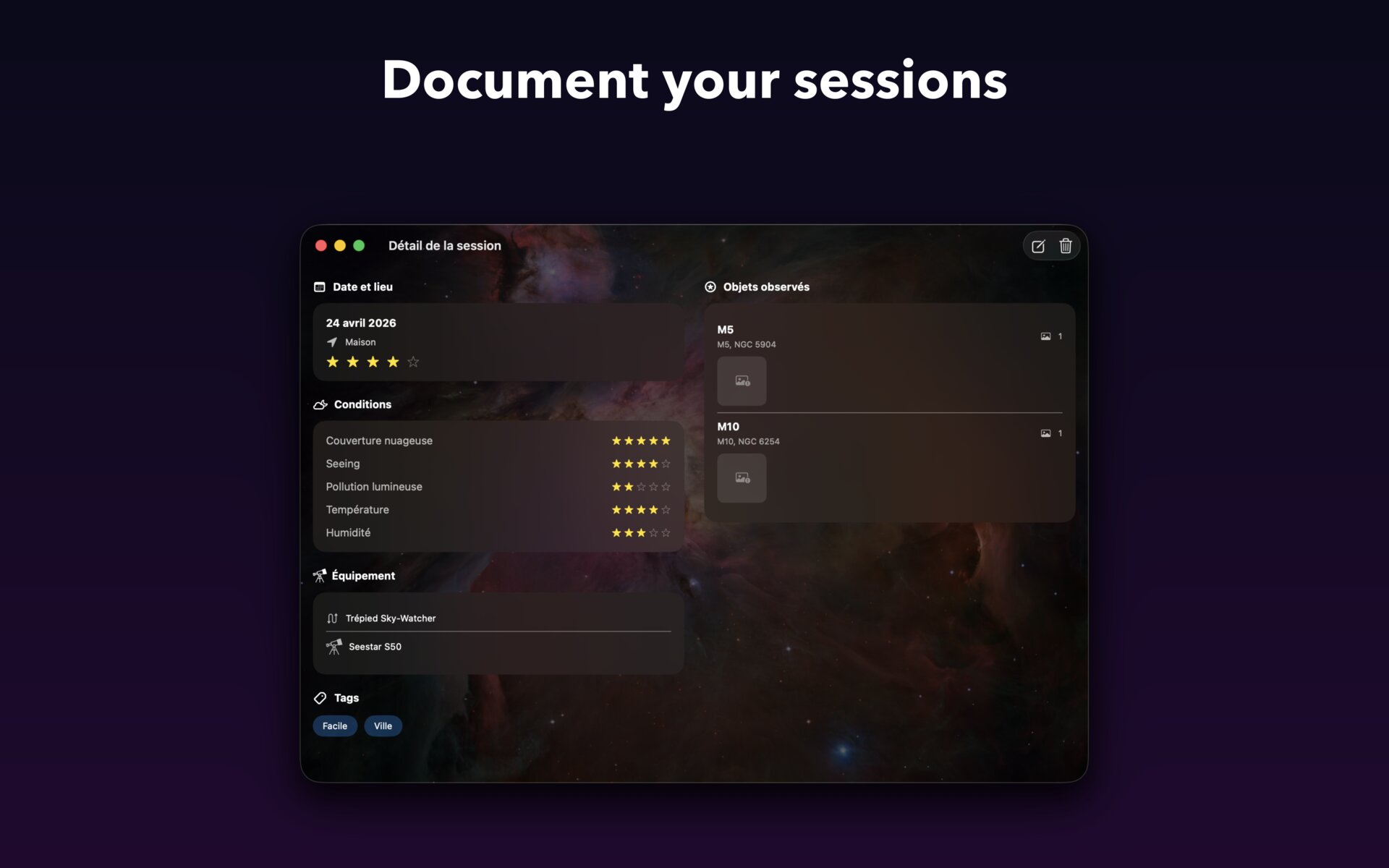 AstroCollect on Mac — Document your sessions