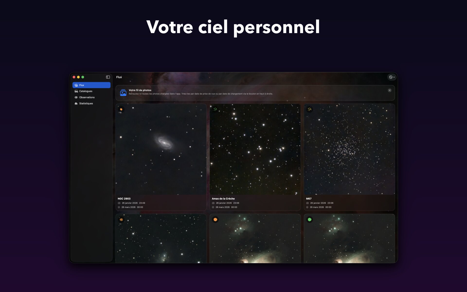 AstroCollect sur Mac — Votre ciel personnel (fil d'observations)