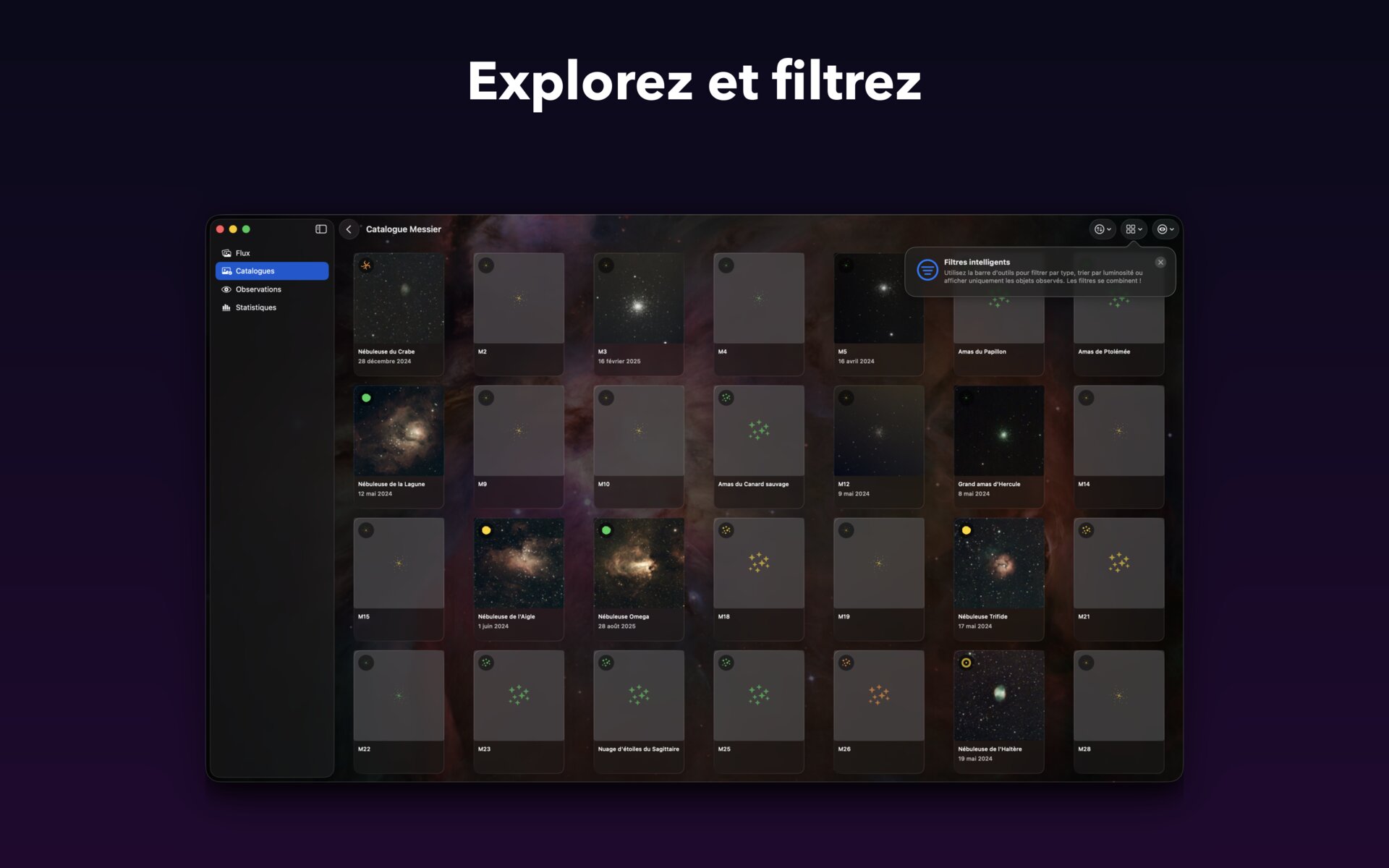 AstroCollect sur Mac — Explorez et filtrez le Catalogue Messier