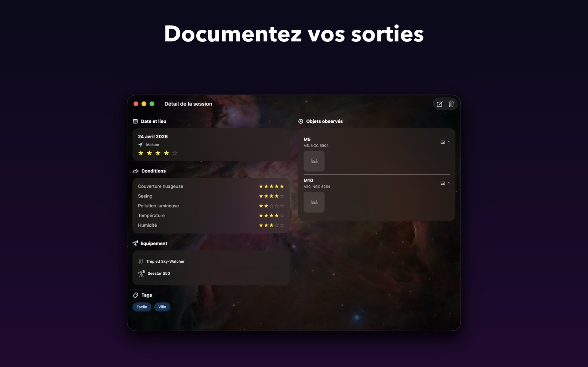 AstroCollect sur Mac — Documentez vos sorties (sessions)