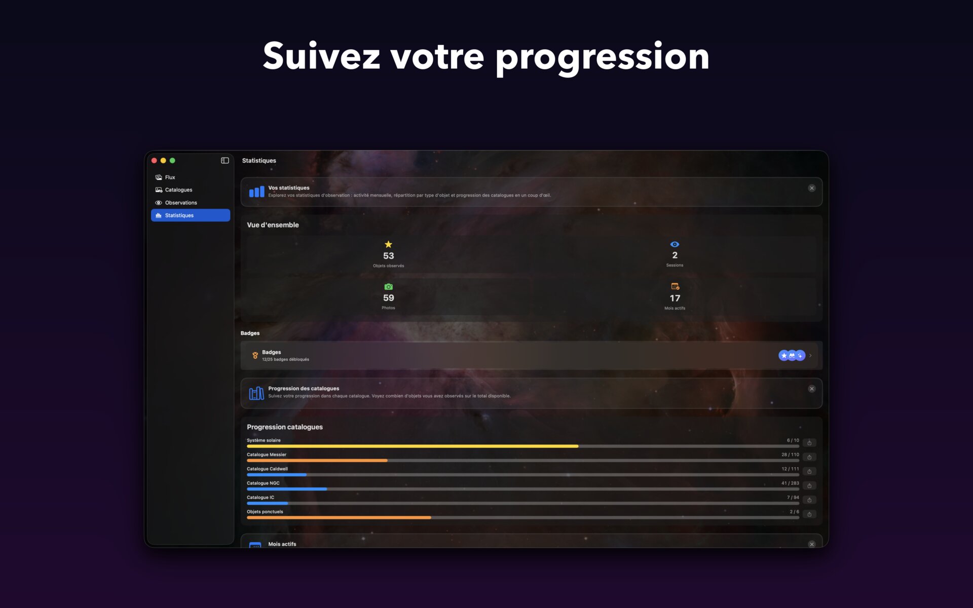 AstroCollect sur Mac — Suivez votre progression (statistiques)