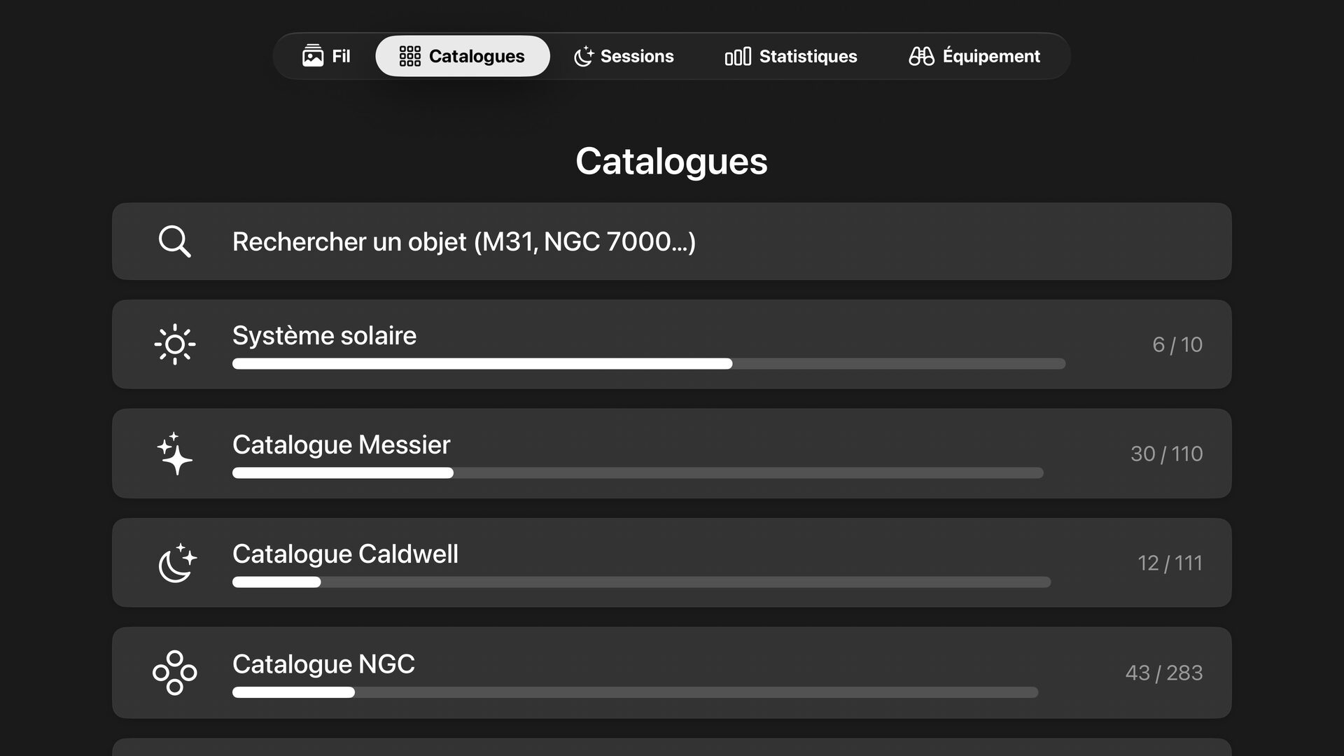 AstroCollect on Apple TV — Catalogs and progress